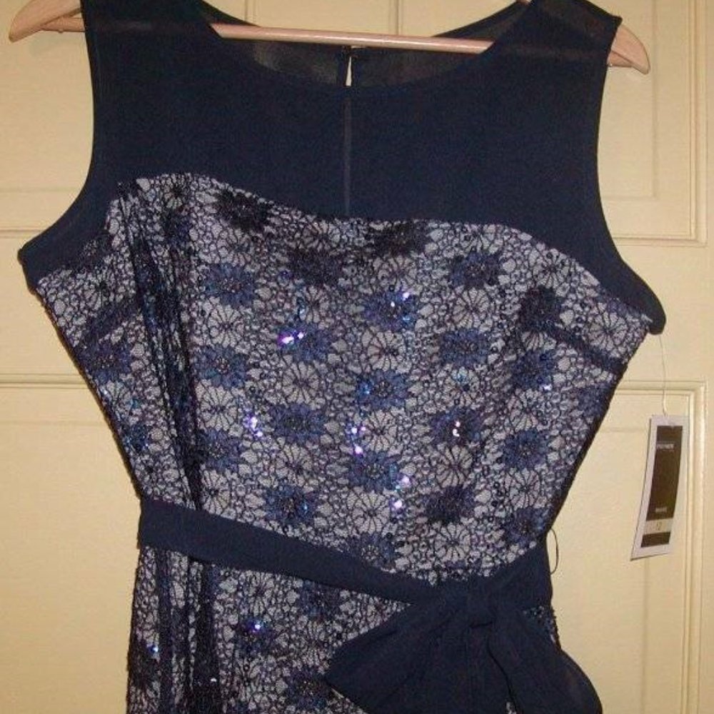 JULIAN TAYLOR WOMENS NAVY SEQUIN FIT FLARE A-LINE OVERLAY DRESS SZ 12 NWT! - Picture 7 of 9